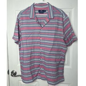 Vineyard Vines Men's Cabana Shirt Pink Blue Striped Short Sleeve Size L
